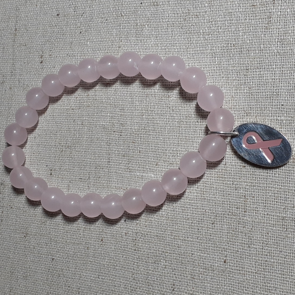 Breast Cancer Pink Ribbon Glass Bead Bracelet